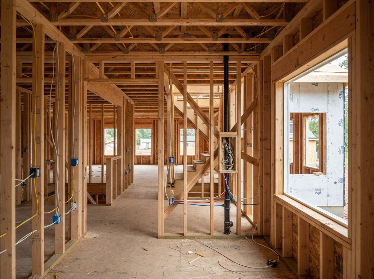 Framed home pre-drywall with framing and mechanicals