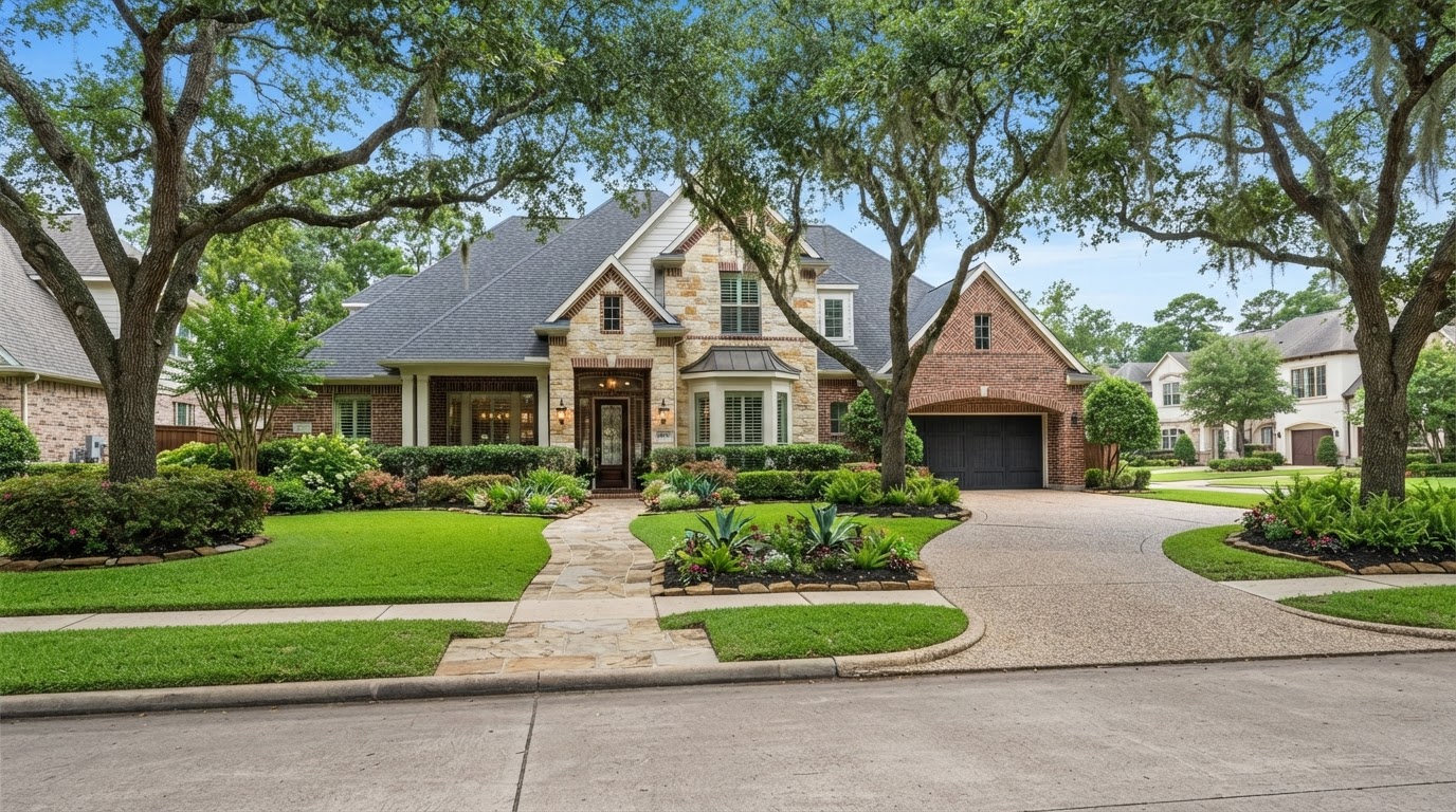 Beautiful established Houston-area home with mature landscaping and excellent curb appeal