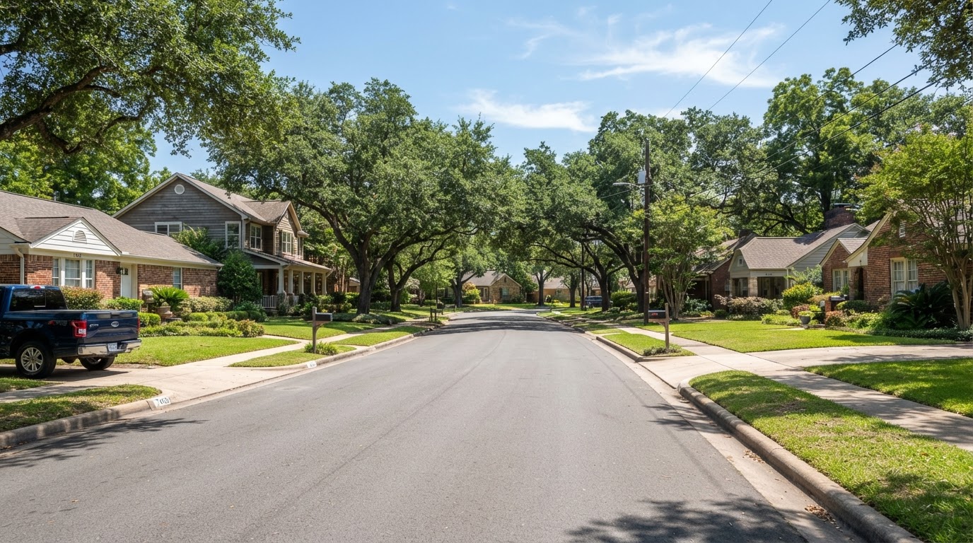 Established single-family homes on a residential street in east Houston, Texas