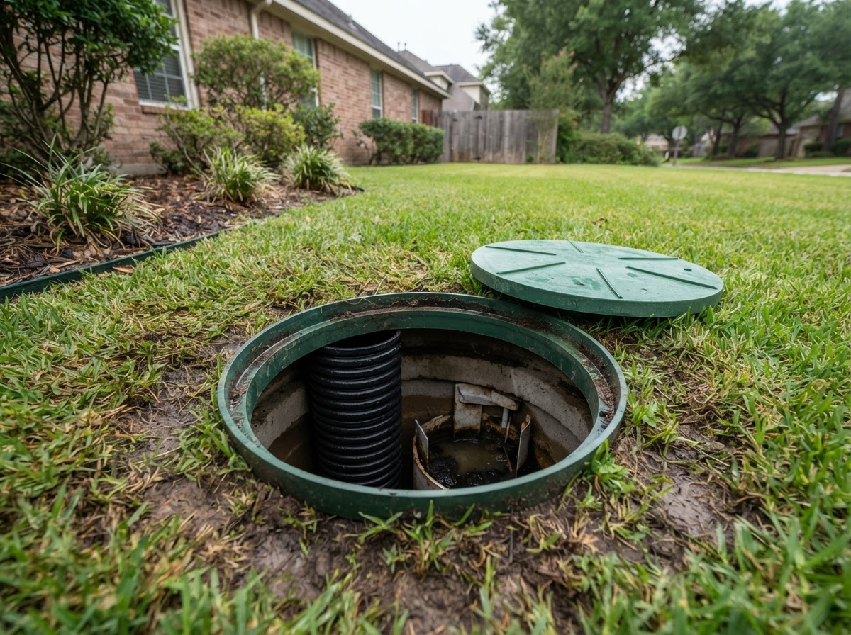 Open septic tank access lid with visible riser and components in a residential lawn
