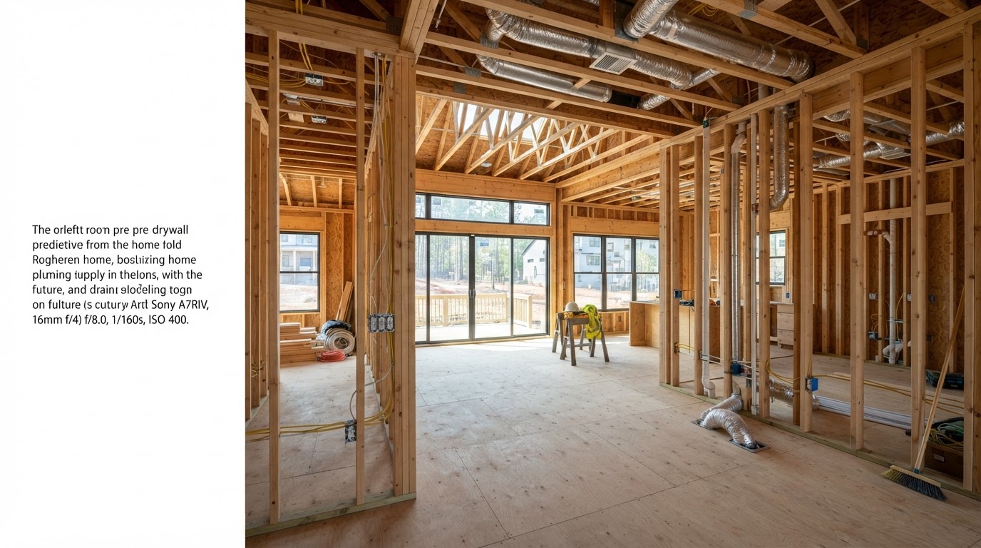 Pre-drywall stage of a new construction home with framing, wiring, plumbing, and HVAC visible before walls are closed