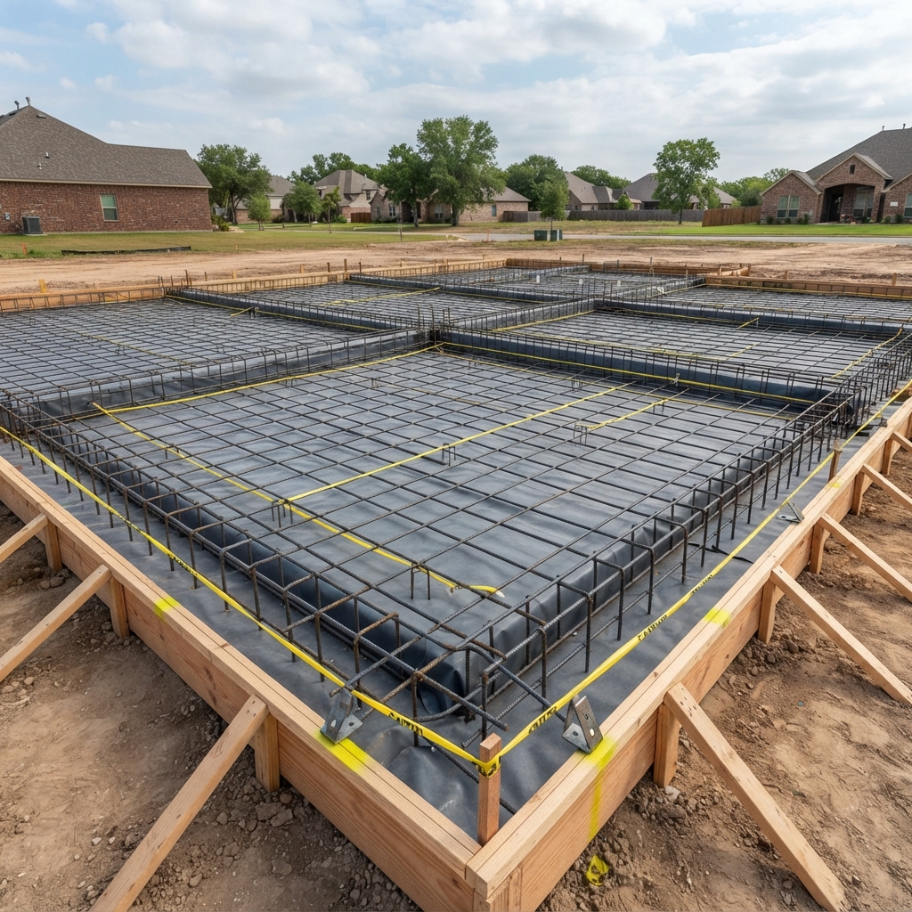 Foundation forms and rebar before concrete pour