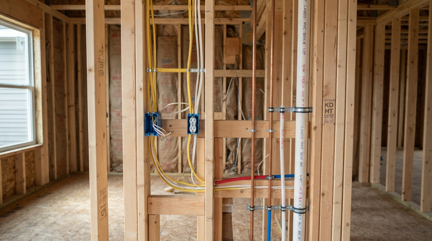 Framing and rough-ins visible inside a new construction home before drywall