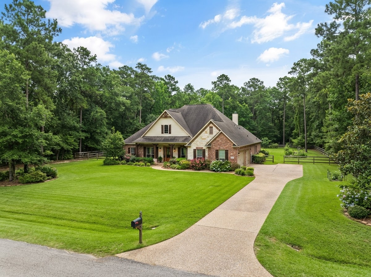 Single-family home on a larger wooded lot with open space in the Huffman area