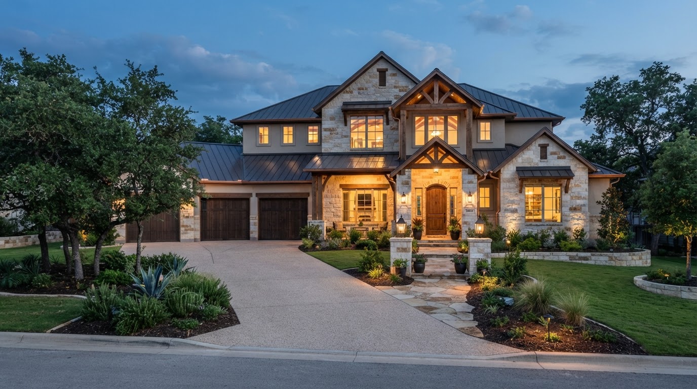 Beautiful completed new construction home at dusk