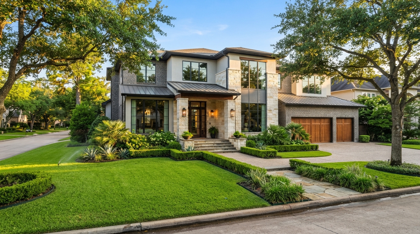 Beautiful modern Houston area single-family home with manicured lawn