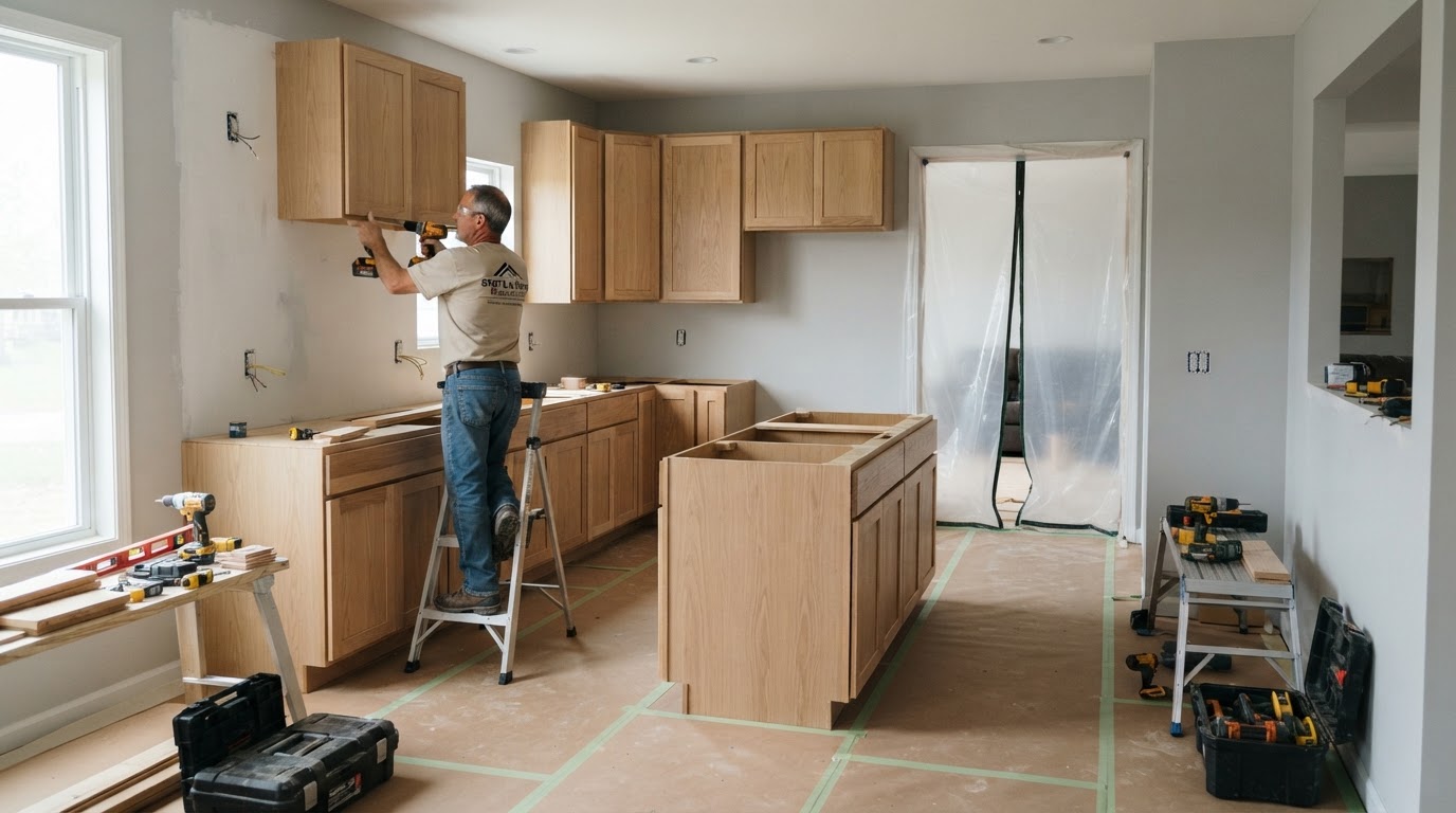 Kitchen remodel in progress in North Bergen NJ with floor protection and dust control