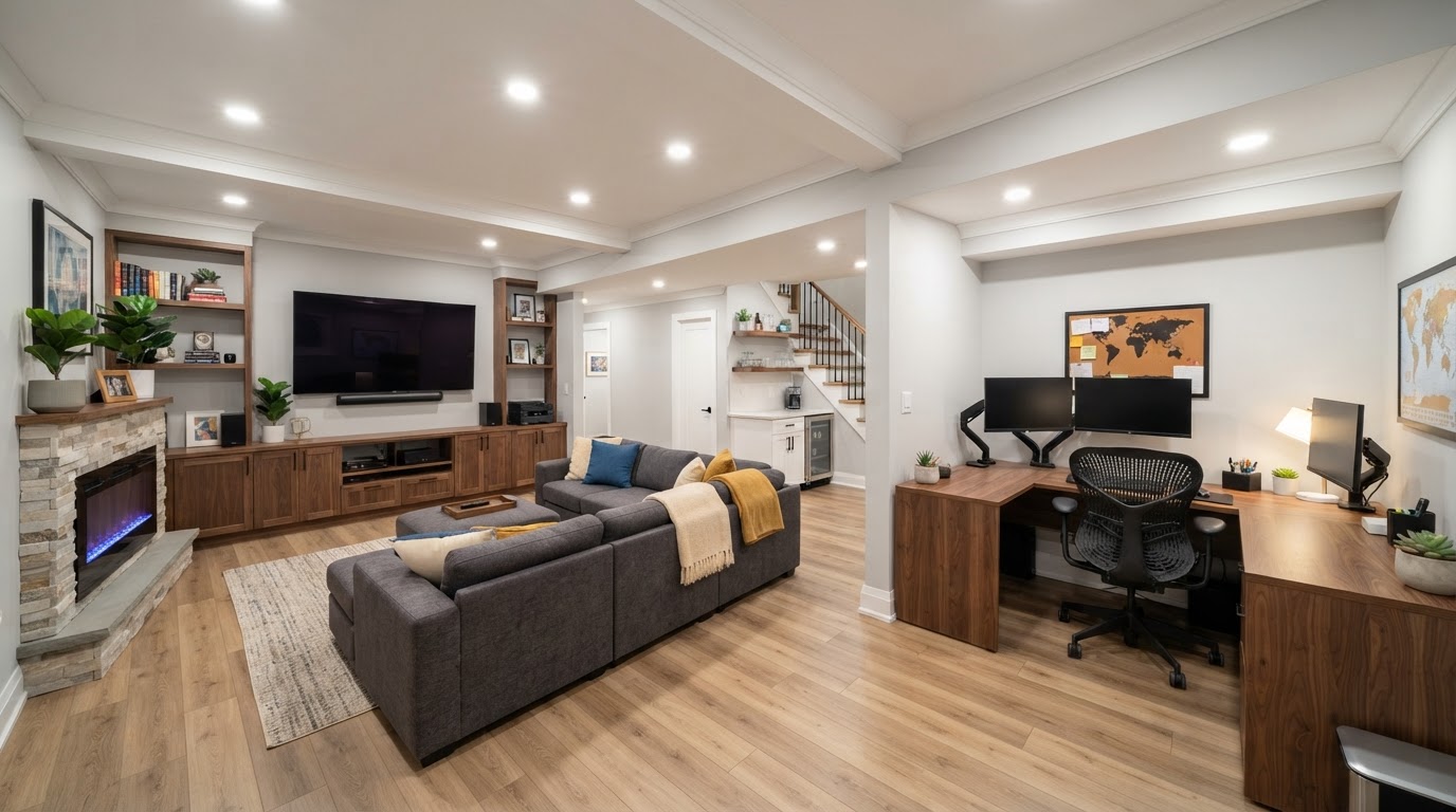 Basement finishing contractor North Bergen NJ finished basement by Tricrown Interiors