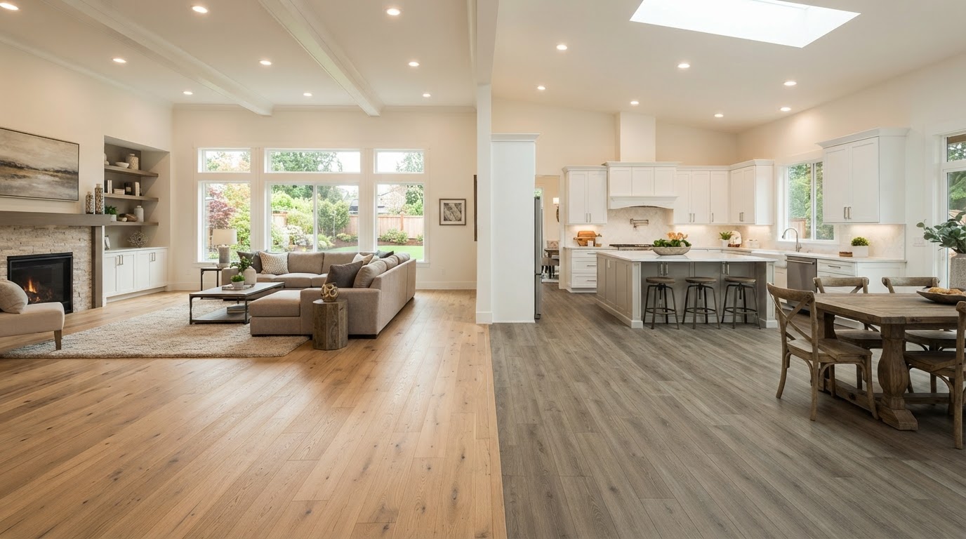 Hardwood and LVP flooring installation in a living room, North Bergen NJ