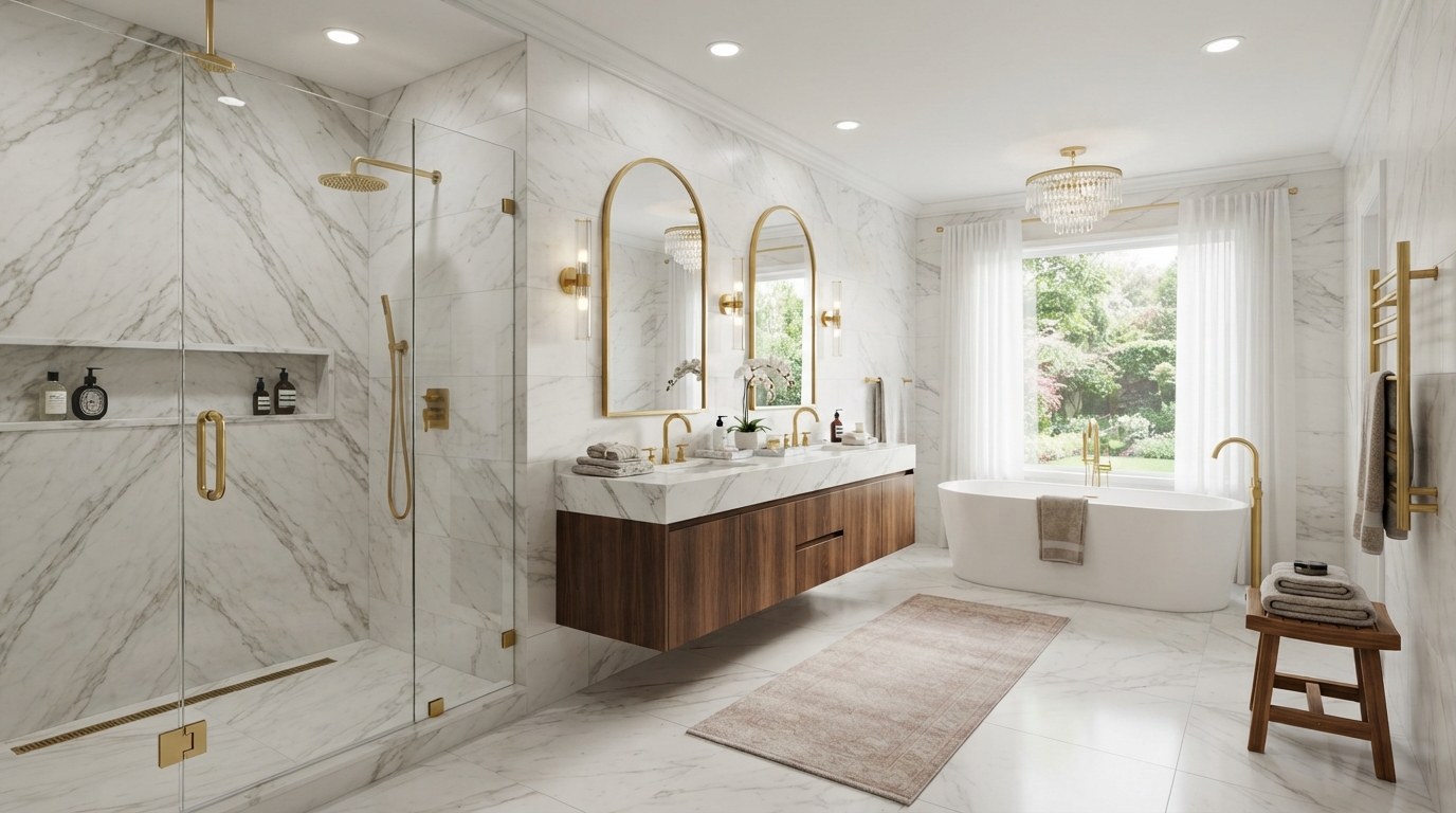 Finished bathroom with walk-in shower and tile, North Bergen NJ