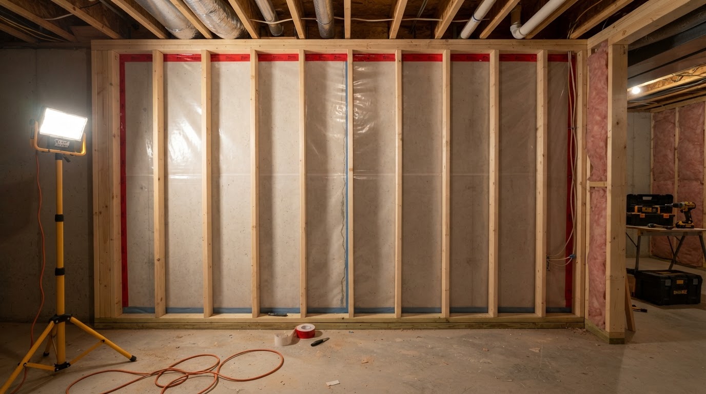Basement finishing North Bergen NJ vapor barrier and framing before drywall