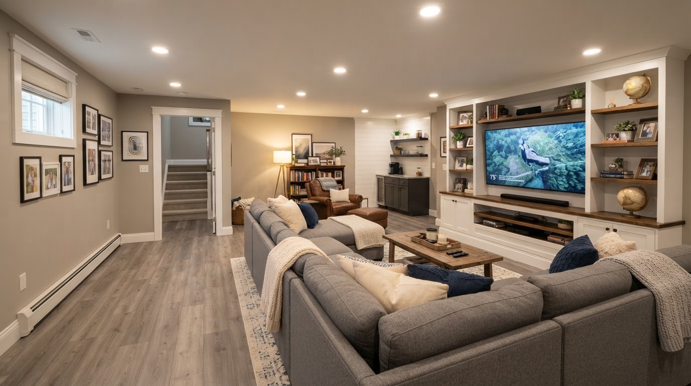 Finished basement North Bergen NJ family room with recessed lighting and LVP floors