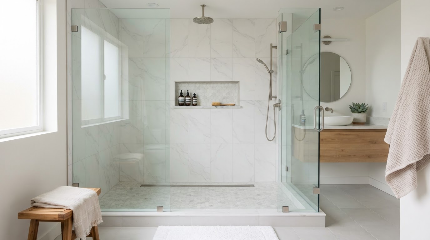 Condo bathroom remodel North Bergen NJ walk-in shower with frameless glass
