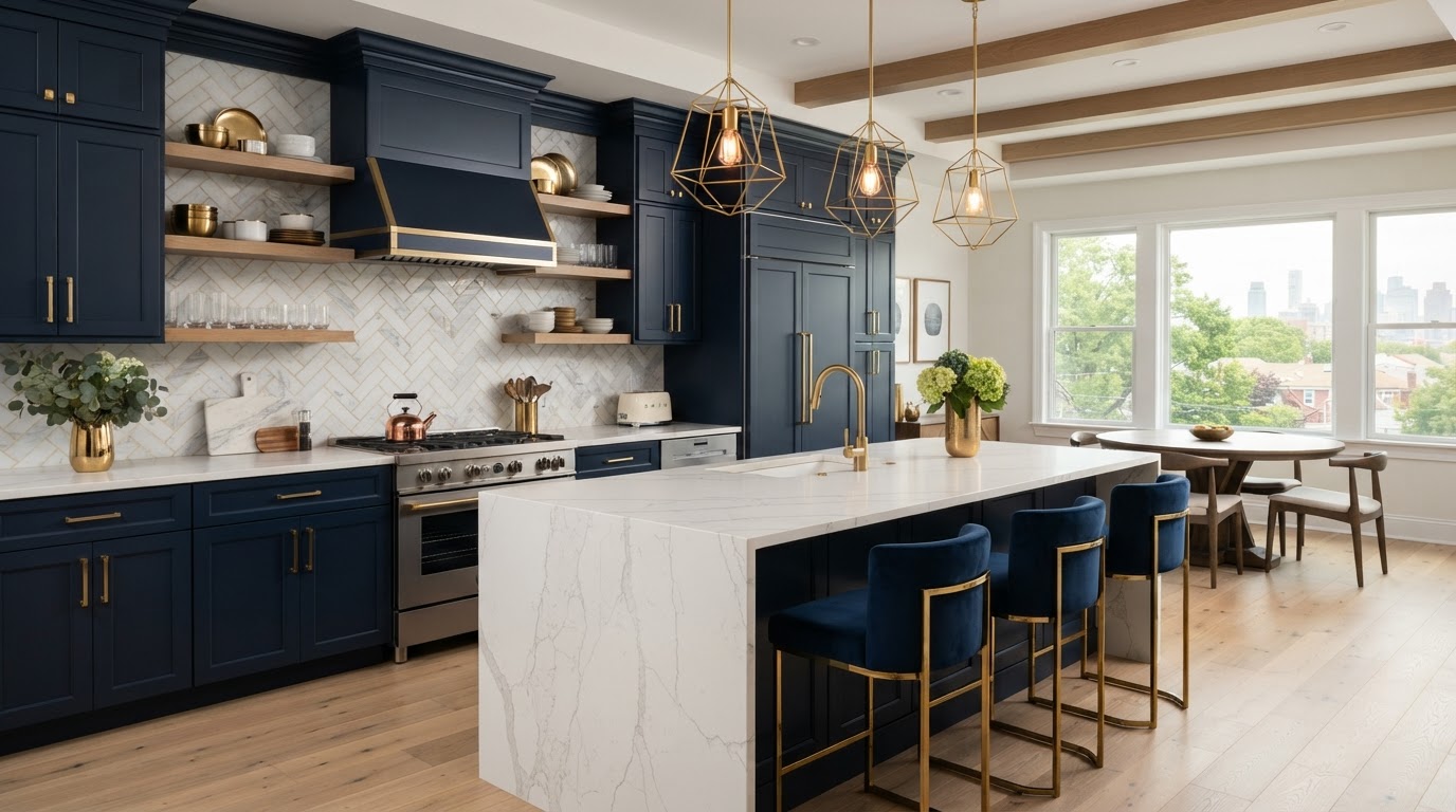 Finished kitchen with white cabinets and quartz counters, North Bergen NJ