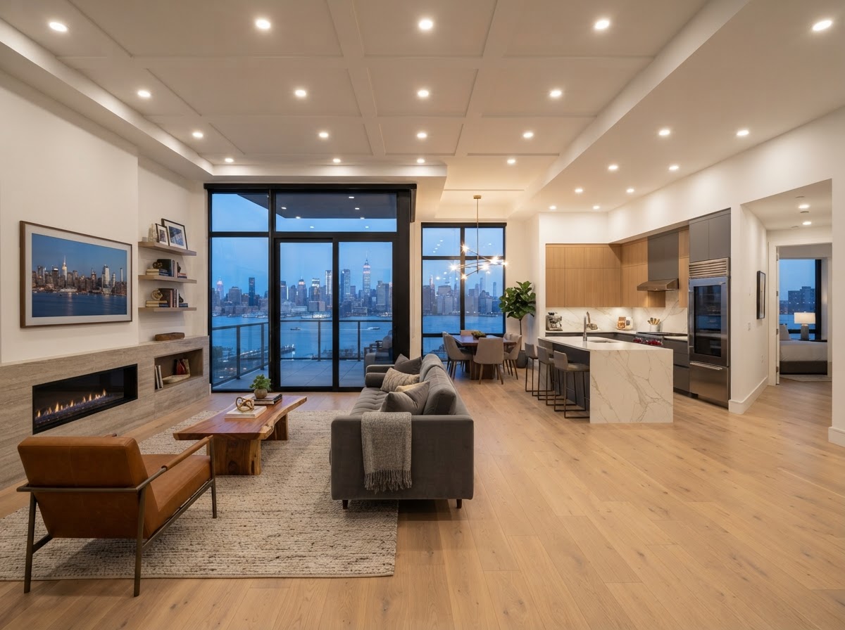 Condo renovation project showing finished living space, North Bergen NJ