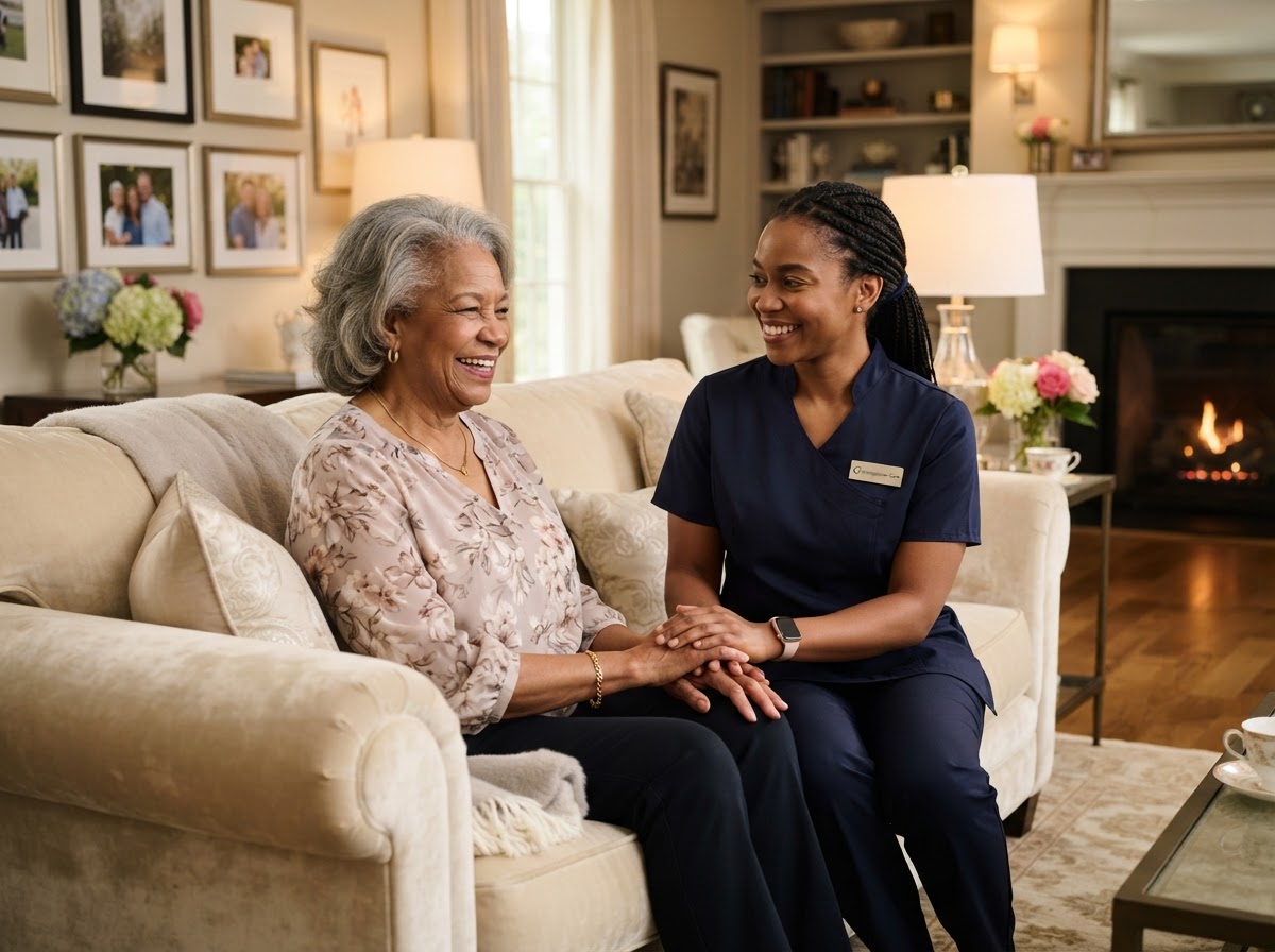Caregiver and senior receiving compassionate care