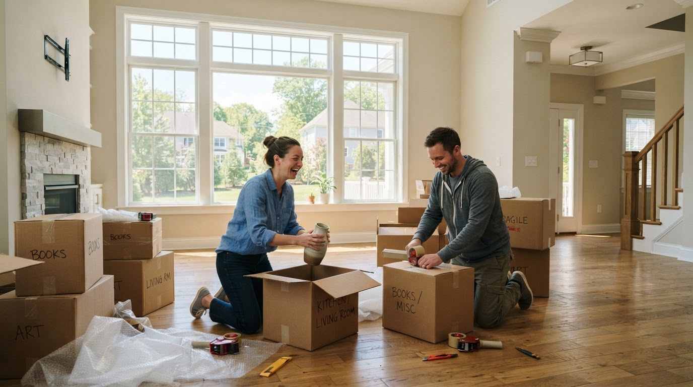 A couple unpacking moving boxes inside a bright spacious new suburban home living room in Westchester County