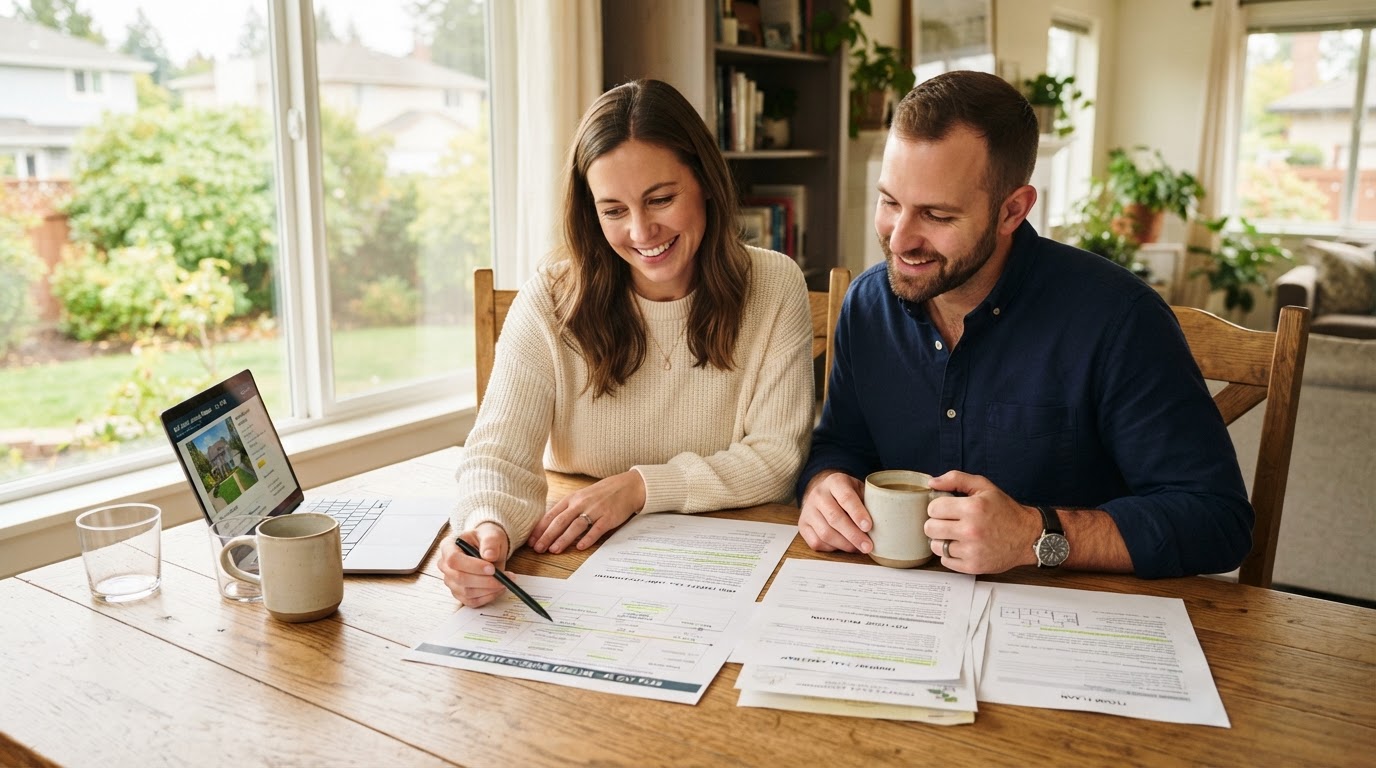 A couple reviewing real estate documents and a selling timeline together at a dining table