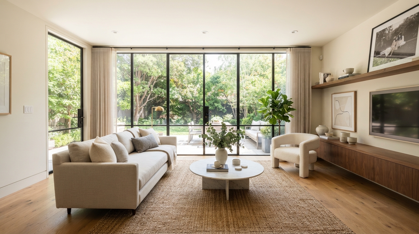 A bright modern living room interior with large windows and natural light