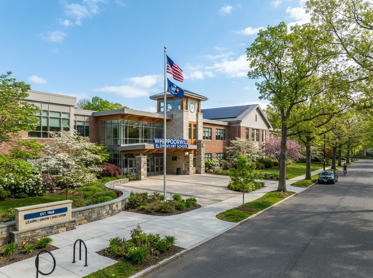 A modern suburban school building with a welcoming entrance and landscaped grounds on a quiet Westchester County street