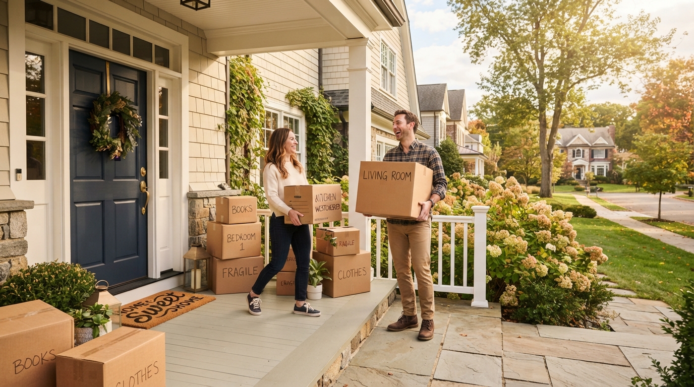 A couple moving into a spacious suburban home in Westchester County with moving boxes on the front porch