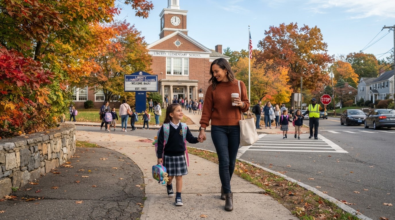 A parent and child walking toward a suburban elementary school in Westchester County on a bright autumn morning