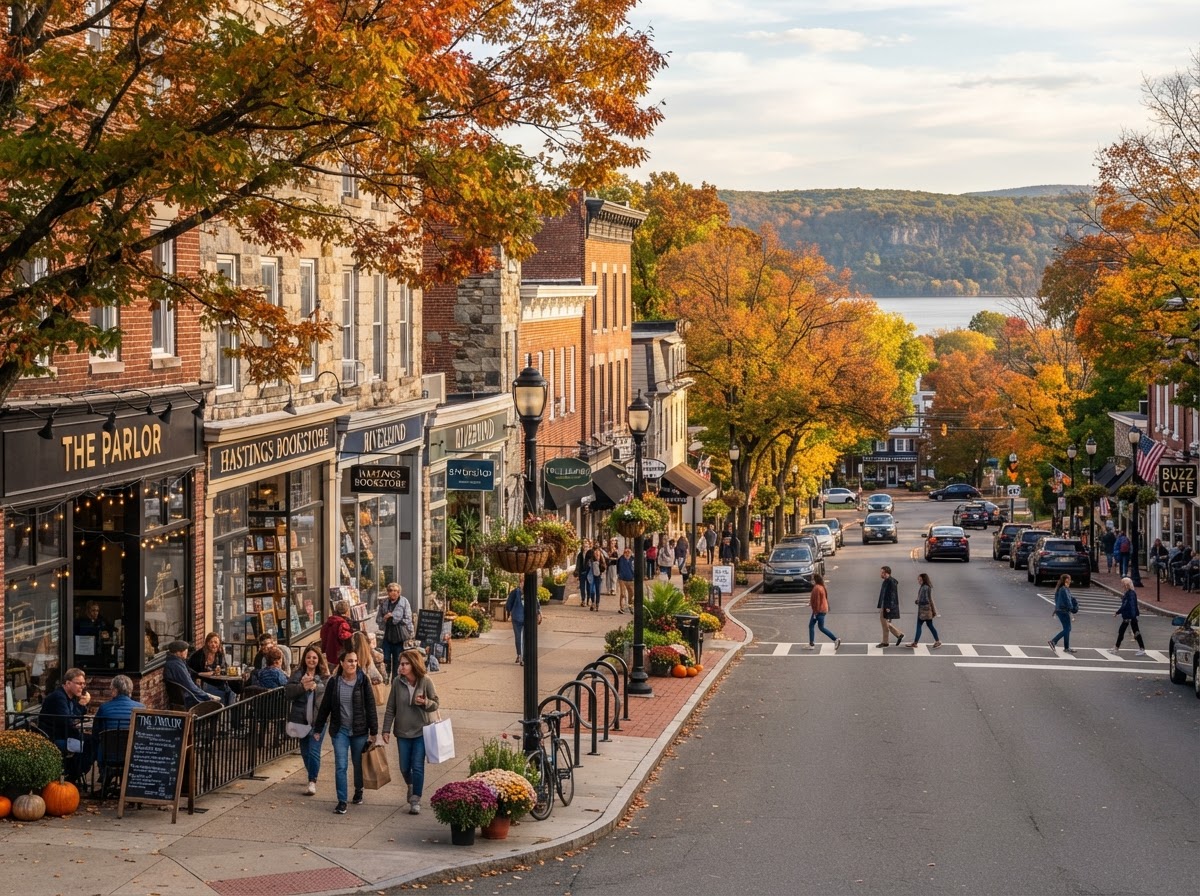A charming walkable downtown street in a Hudson River Rivertown in Westchester County with shops, cafes, and mature autumn trees