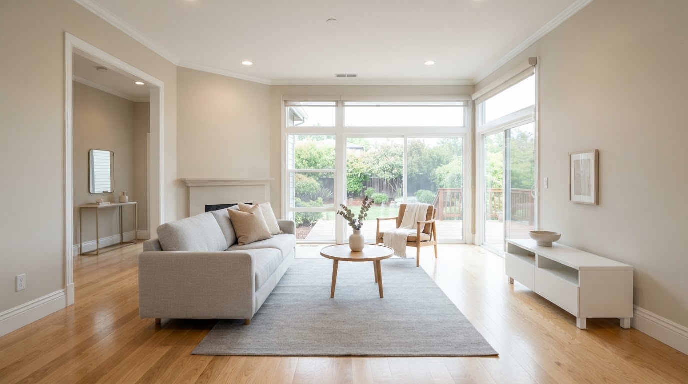 A freshly painted living room with neutral tones and clean minimal staging being prepared for a home sale