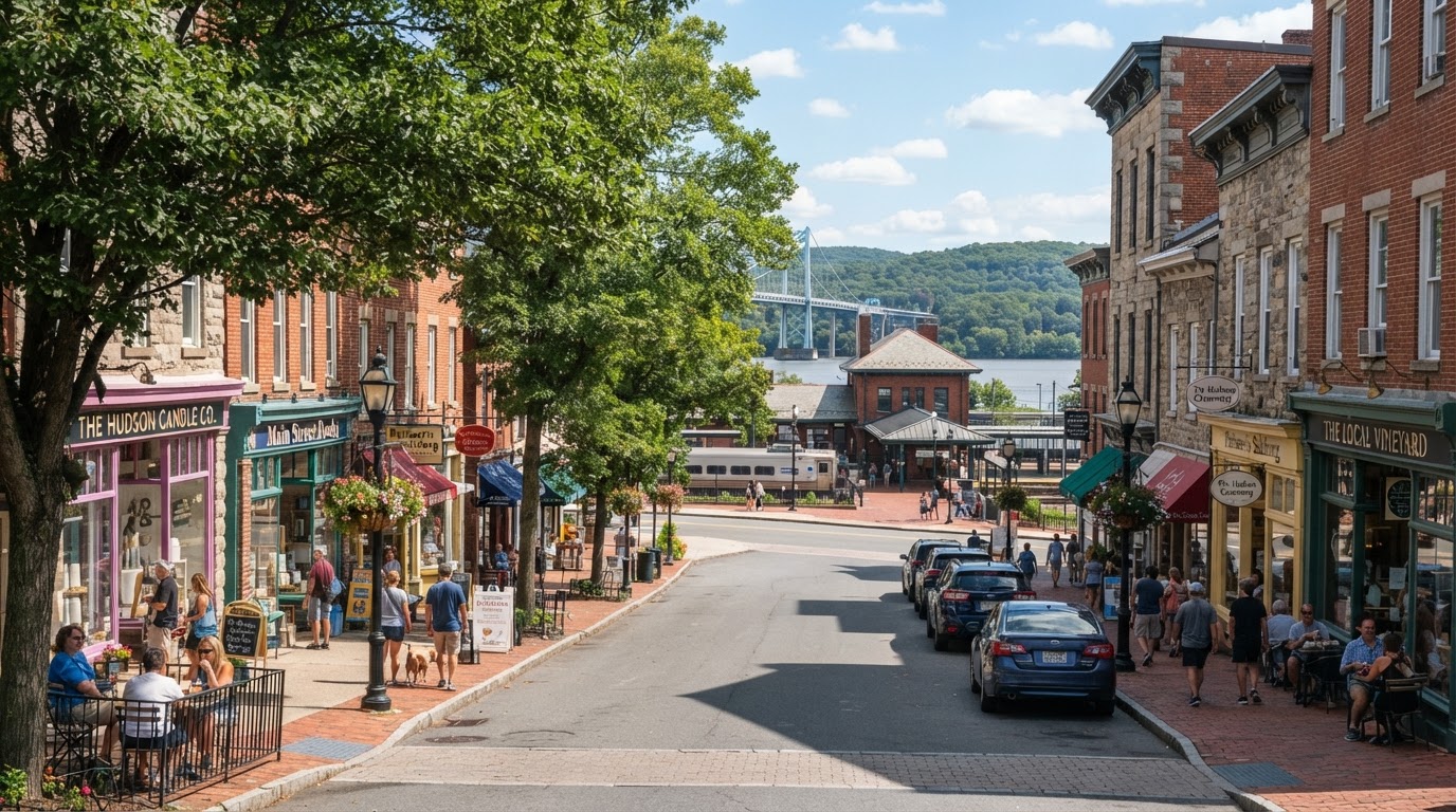 A walkable downtown village street in a Hudson River town in Westchester County with shops and a train station nearby