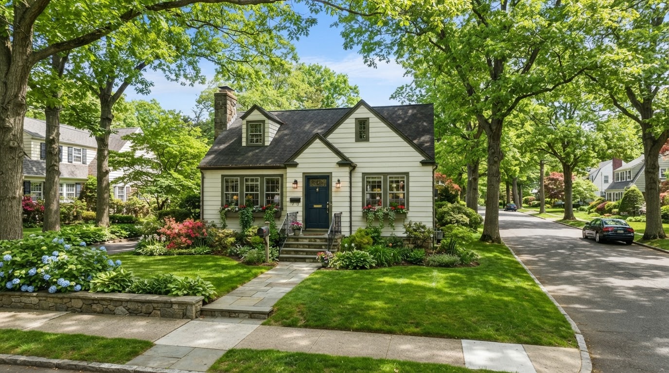 A modest well-kept single-family home on a quiet tree-lined street in a Westchester County neighborhood