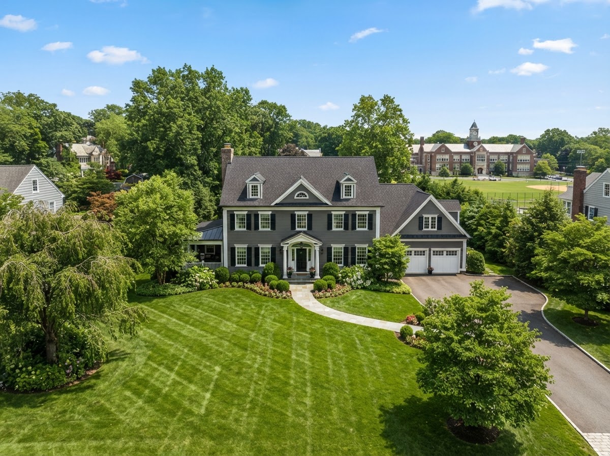 A stately colonial home on a manicured lawn in an upscale Westchester County neighborhood with a school building visible in the distance