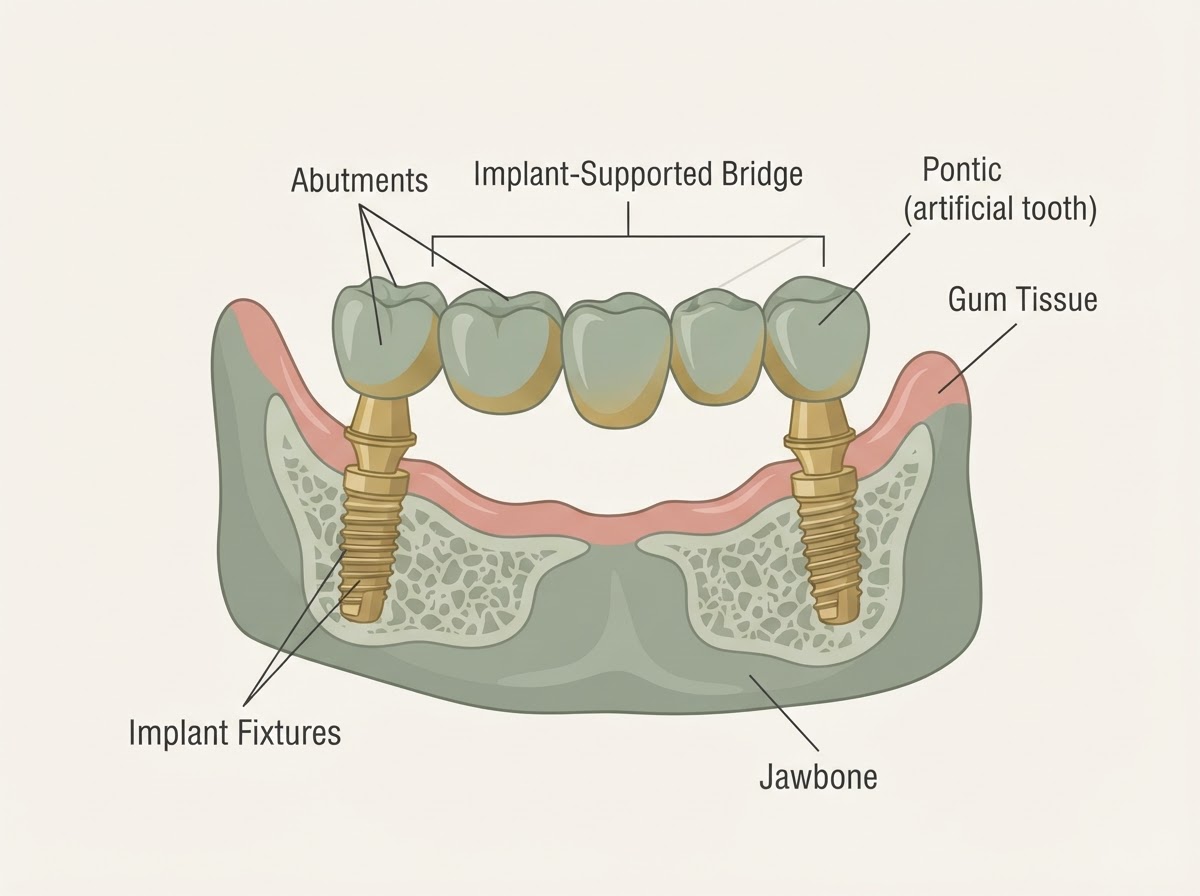 Anatomical diagram of an implant-supported bridge replacing multiple adjacent missing teeth, showing two implant fixtures with abutments supporting a three-unit bridge with pontic