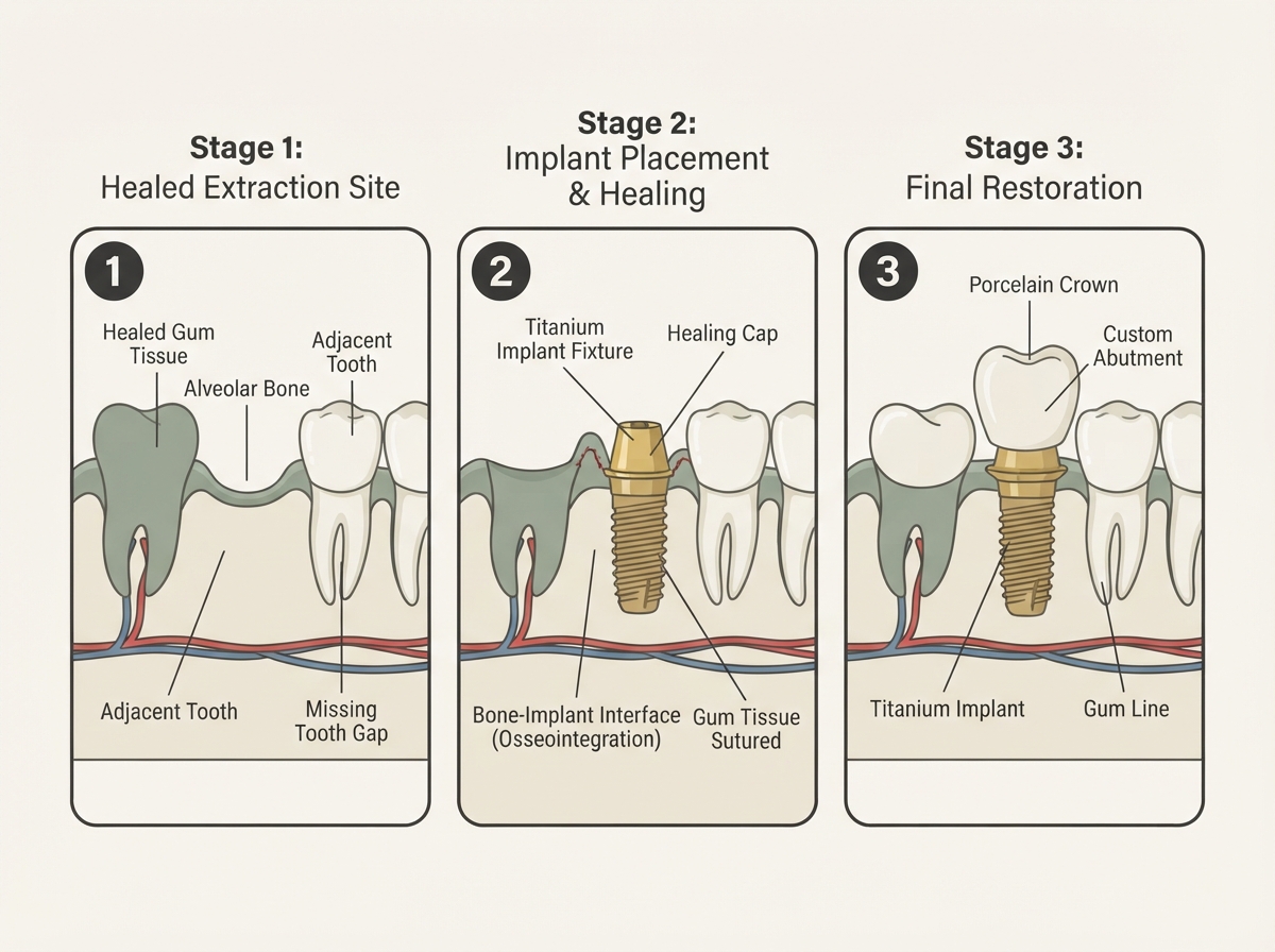 Anatomical diagram showing the three stages of dental implant treatment