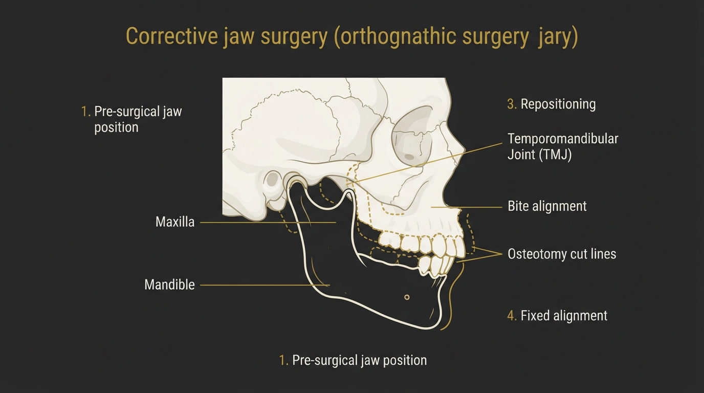 Medically accurate diagram showing corrective jaw surgery (orthognathic surgery): pre-surgery misaligned jaw position, osteotomy cut lines, repositioning, and post-surgery corrected alignment with labeled anatomy including maxilla, mandible, TMJ, and bite alignment