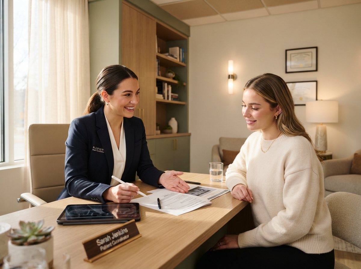 An ARIA patient coordinator speaking with a patient in a private consultation setting