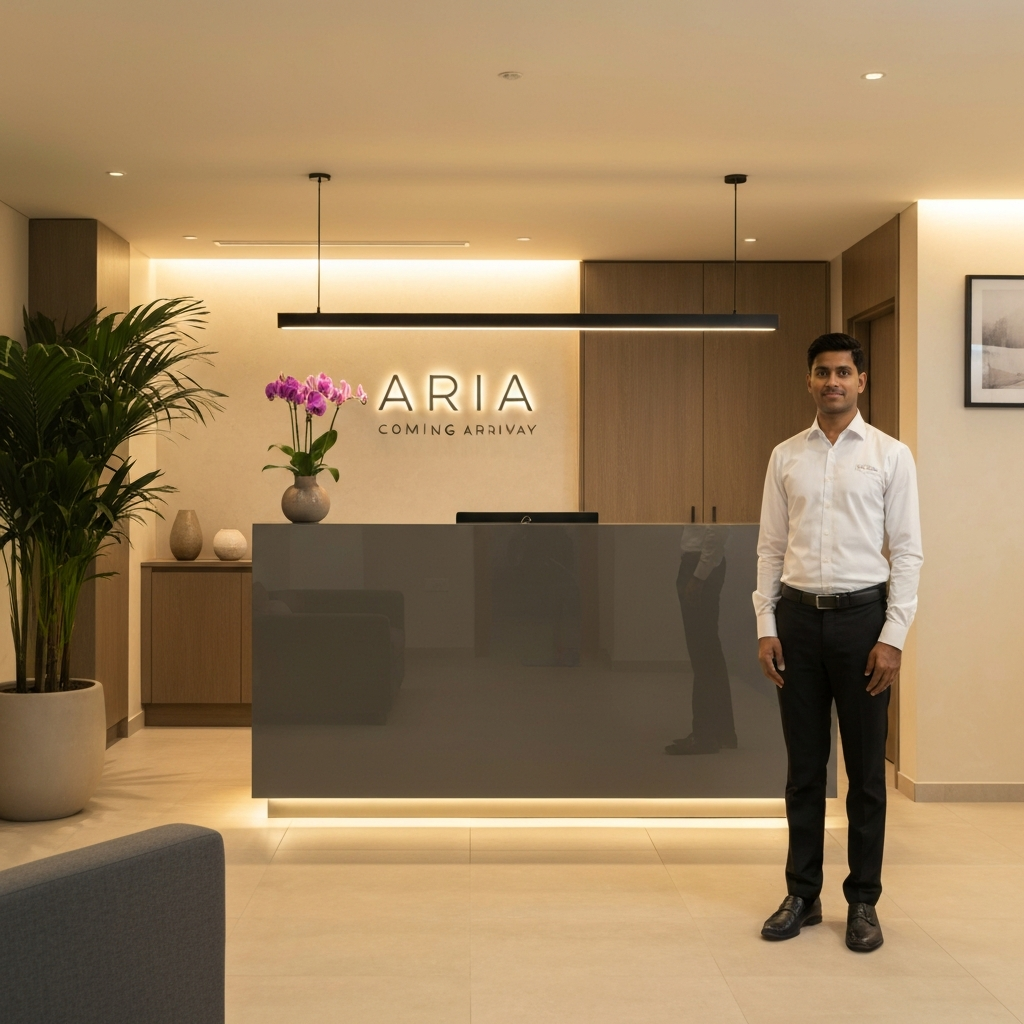 A calm, architectural image of the ARIA office arrival experience