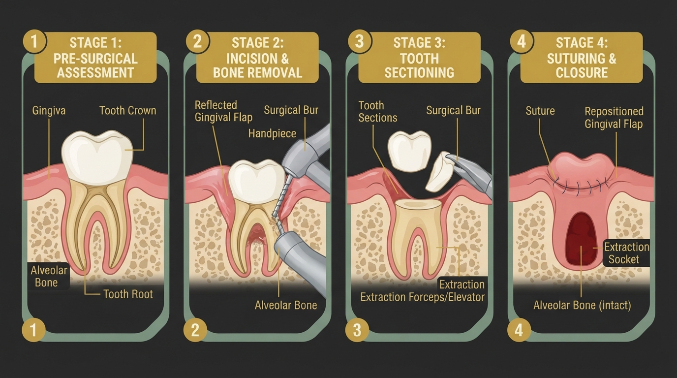 Medically accurate diagram showing the 4 stages of surgical tooth extraction: complex root structure, surgical incision and bone removal, tooth sectioning, and completed extraction with sutures