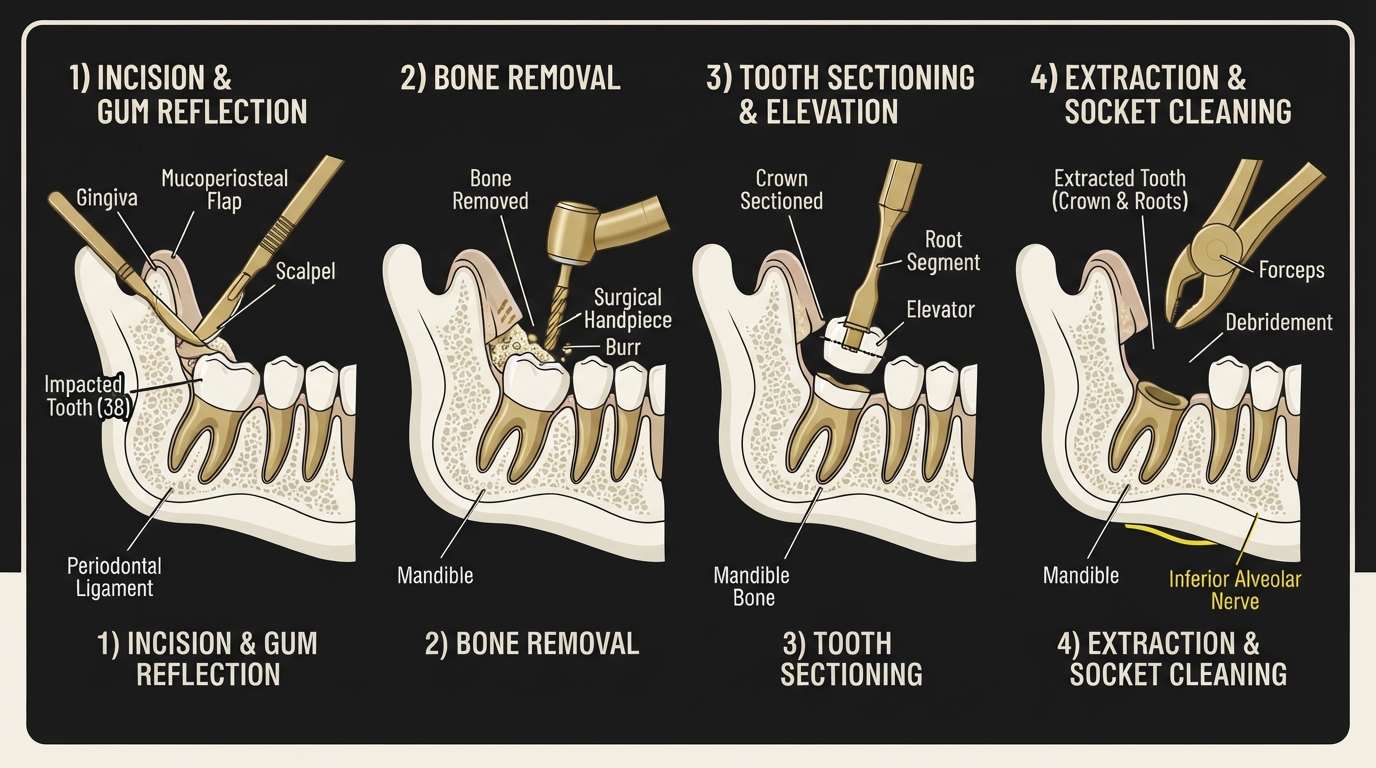 Anatomical diagram showing four steps of wisdom tooth removal surgery: incision, bone removal, tooth sectioning, and extraction