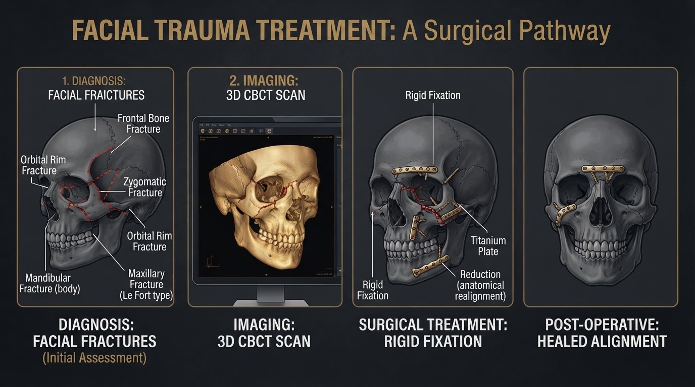Medically accurate diagram showing facial trauma treatment stages: facial fractures of the mandible, maxilla, orbital rim, and zygomatic arch; 3D CBCT imaging; surgical repair with titanium mini-plates and screws; and healed restored facial bone alignment