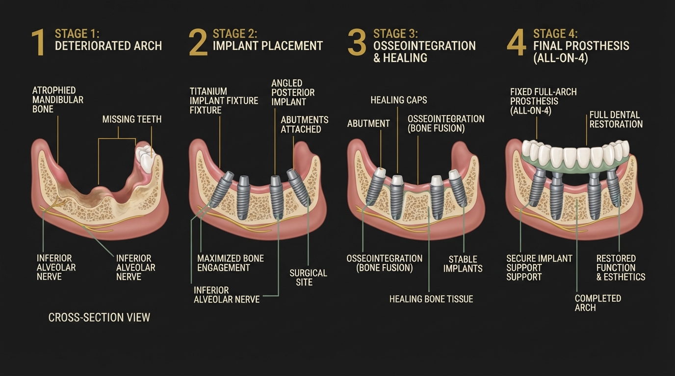 Medically accurate diagram showing four stages of full-arch dental implant treatment: deteriorated arch with bone loss, titanium implant placement at strategic angles, osseointegration with healing caps, and final fixed full-arch prosthesis secured to implants
