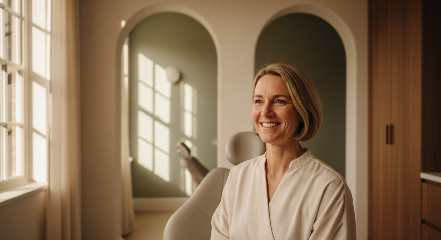 Refined image of a confident adult smiling naturally during a calm oral surgery consultation