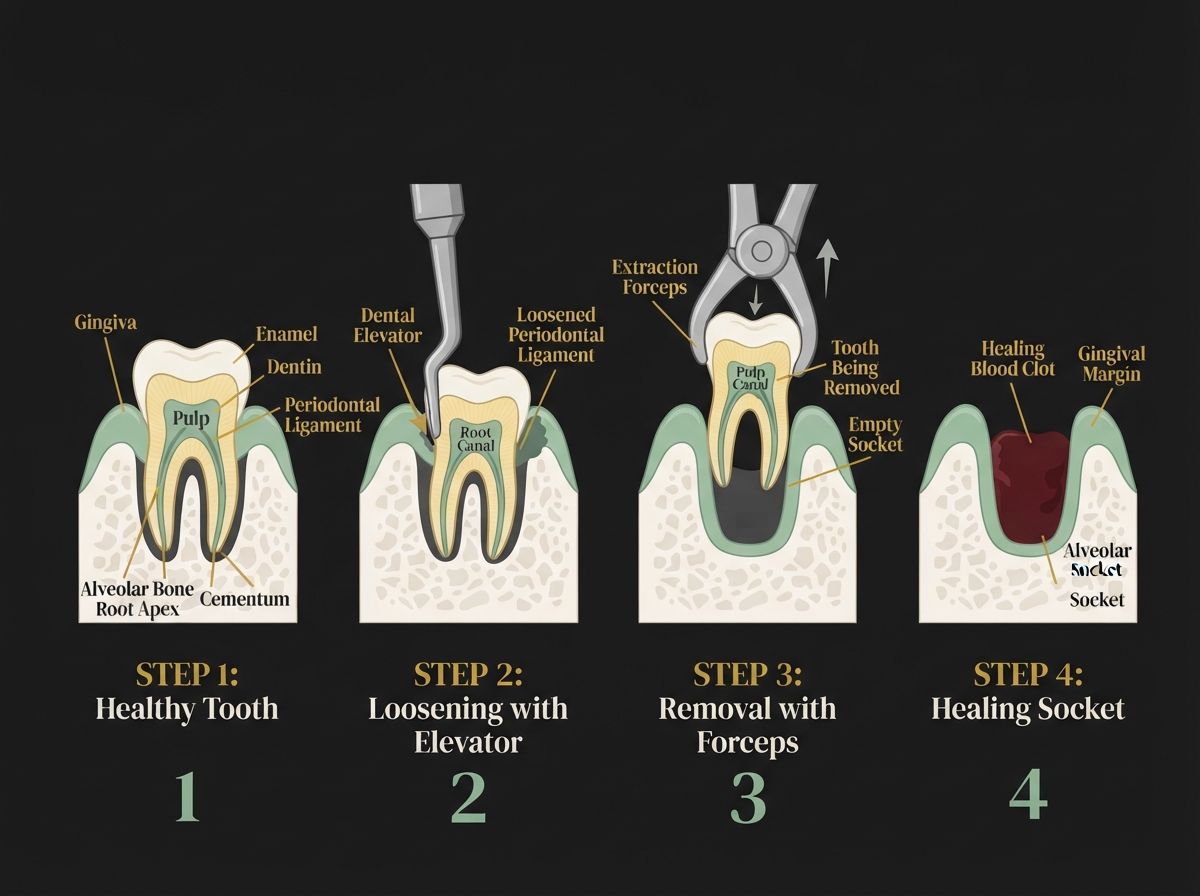 Medically accurate diagram showing the 4-step tooth extraction process: healthy tooth, loosening with elevator, removal with forceps, and healing extraction site with labeled anatomy