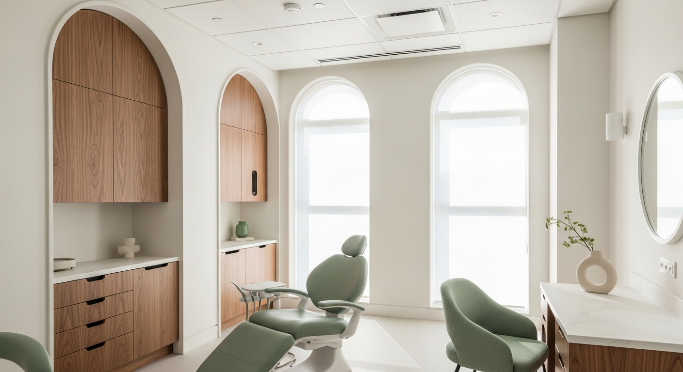 A calm, editorial portrait of an adult patient in a refined, softly lit environment