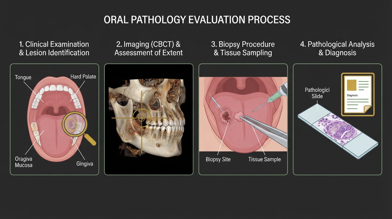 Medically accurate diagram showing the oral pathology evaluation process: clinical examination of oral lesion, 3D cone beam CT imaging, tissue biopsy sampling, and pathology microscope review with labeled anatomy