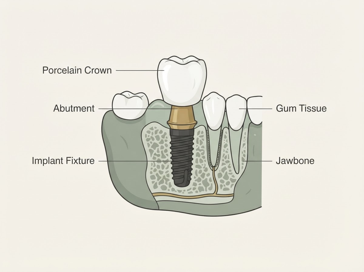 Anatomical cross-section diagram of a single dental implant showing the titanium fixture in jawbone, abutment connector, and porcelain crown with labeled components