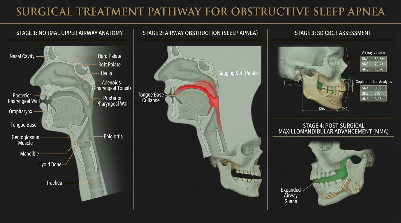Medically accurate diagram showing sleep apnea treatment stages: normal upper airway anatomy with pharynx, tongue base, and soft palate; airway obstruction during sleep with collapsed tongue base and narrowed airway; 3D CBCT cone beam imaging of airway volume; and post-surgical maxillomandibular advancement with expanded airway and titanium fixation plates