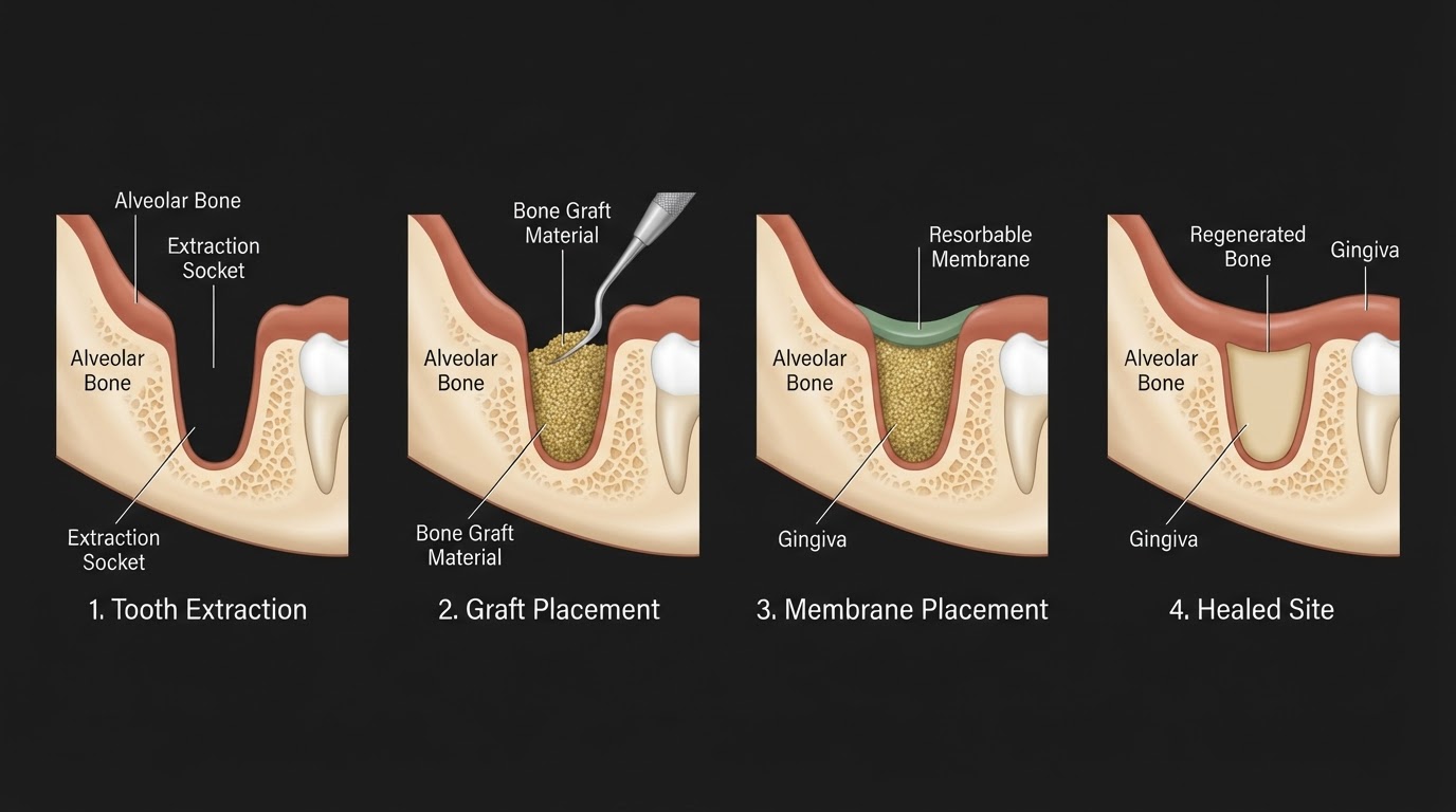 Medically accurate diagram showing the 4-stage bone grafting process after tooth extraction: empty socket, bone graft placement, membrane coverage, and regenerated bone with labeled anatomy
