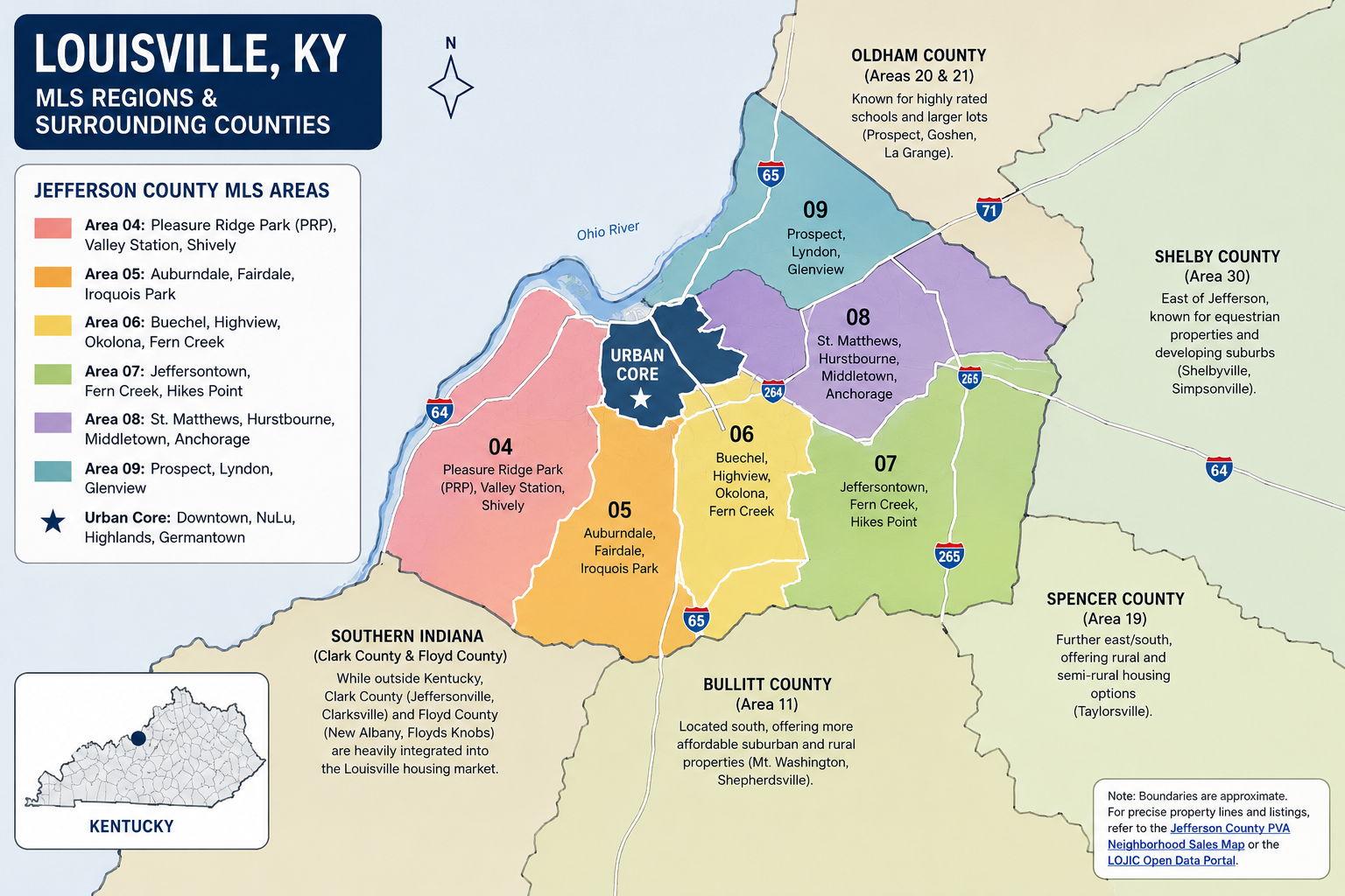 Map of Louisville and Jefferson County neighborhoods where we buy houses