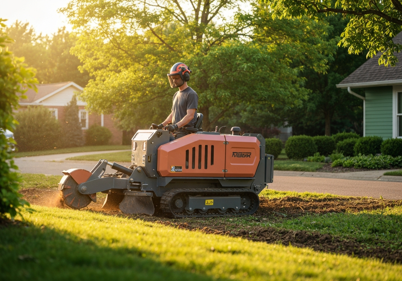 Professional stump grinding machine at work in Louisville, KY