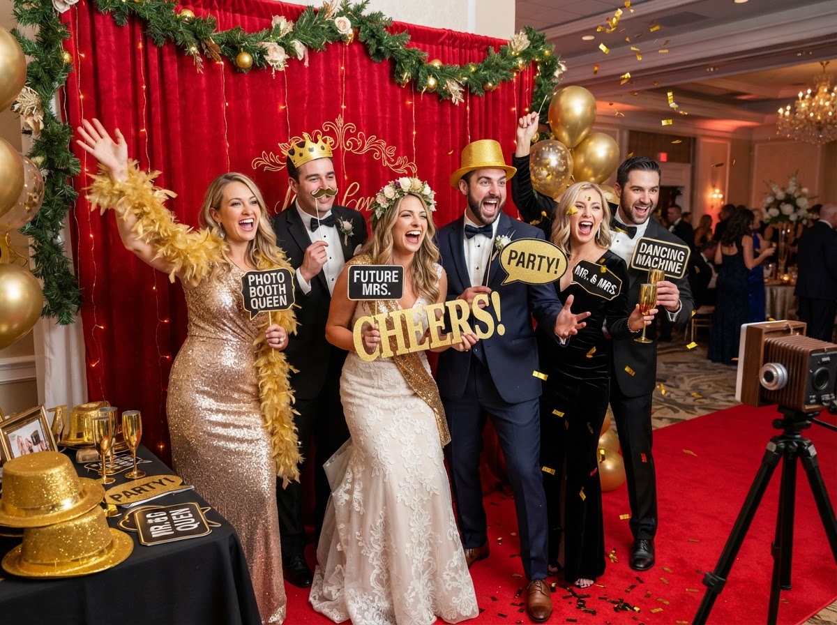 Happy guests having fun with DMA Events Photo Booth props